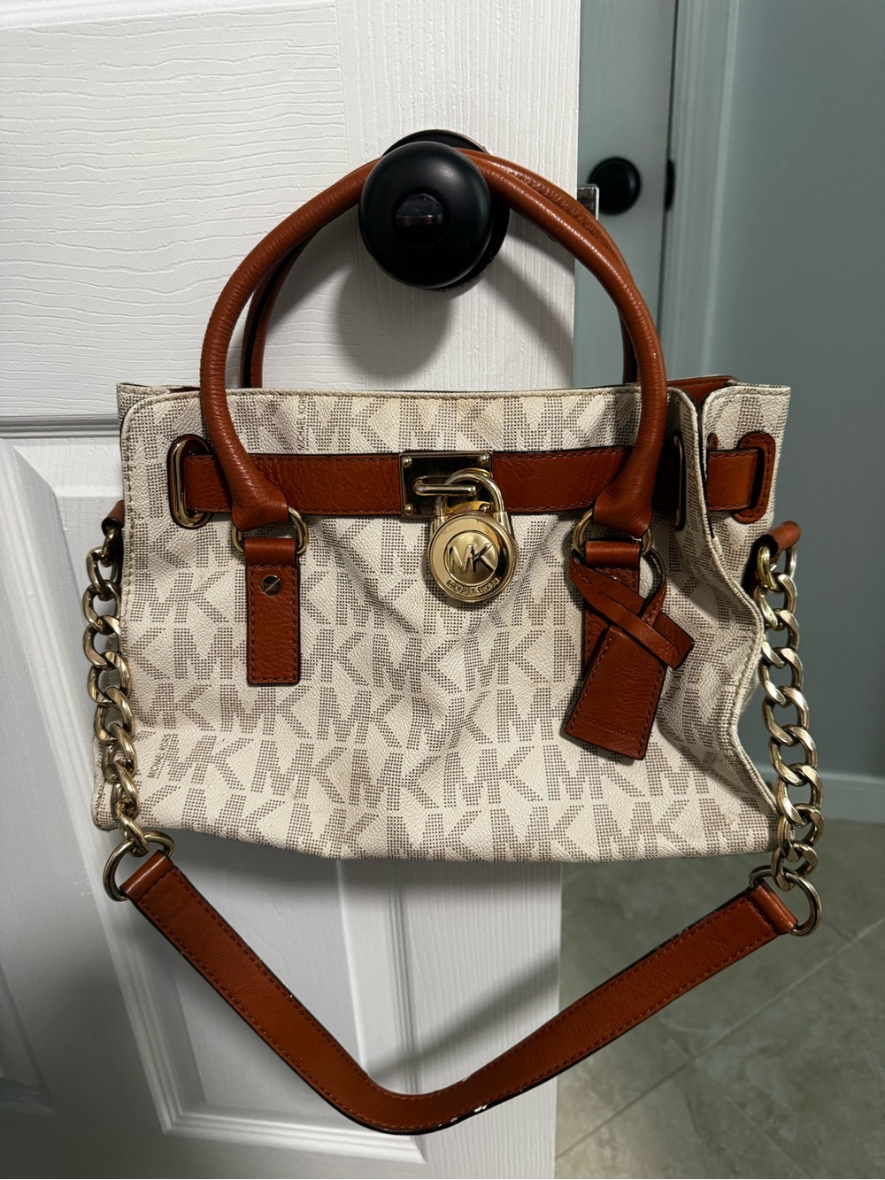 Michael Kors Cream Signature Logo Satchel with Brown Trim and Gold Hardware
